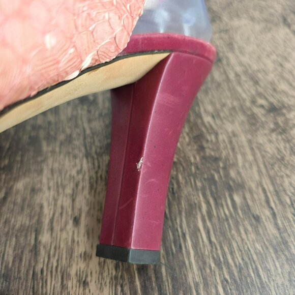 Kate Spade New York Slingback Peep Toe Heels 8.5 B Pink Red Leather Fur Scaled - Picture 11 of 16